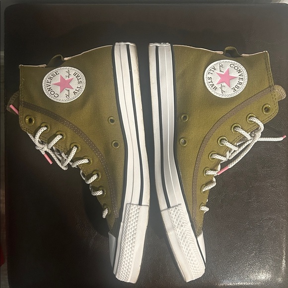 Converse All Star High Top Olive Green Sneakers with Pink and white trim - Picture 6 of 10